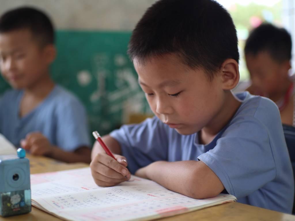 图为语文辅导课上留守学生正在做作业，低下头执笔的他，像极了含苞待放的花骨朵，花朵绽放，未来可期。