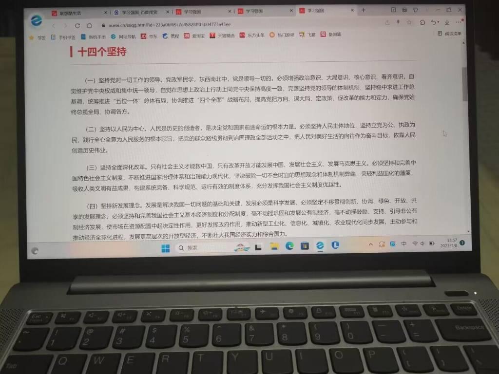 图为实践队员网上阅览“十四个坚持”。中国青年网通讯员 周彤彤 摄