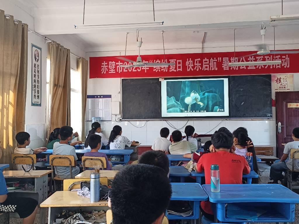 图为世界大地理课上，志愿者给学生看一个关于地理的小视频，学生对于世界上其他地方的地貌、环境都非常感兴趣。大学生网报通讯员 王曼昕供图