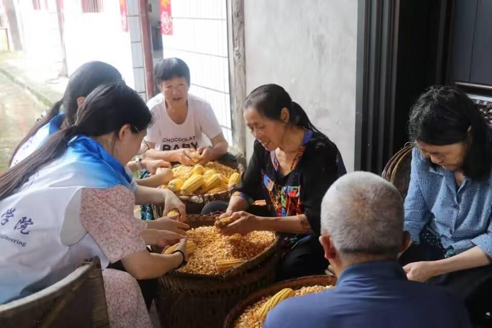 图为实践团队员与村民一同剥玉米。中国青年网通讯员 吴桐雨 摄